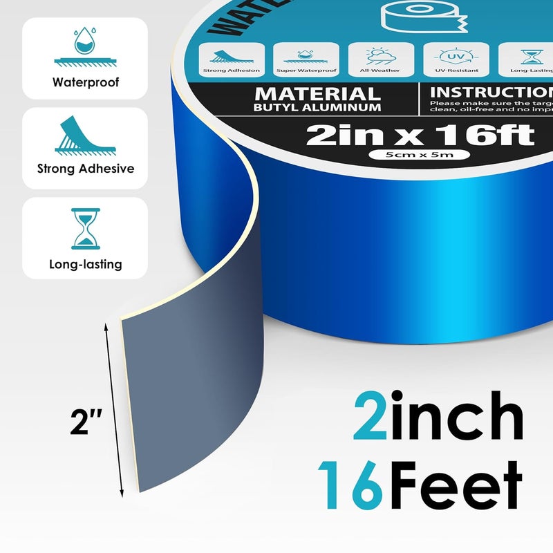 360Tronics Blue Waterproof Tape 2in x 16ft, Super Sticky Outdoor Repair Butyl Tape for Pool Cover, Metal Roof Crack Sealing, Boat, RV Awning, Leak Proof Patch - Image 2